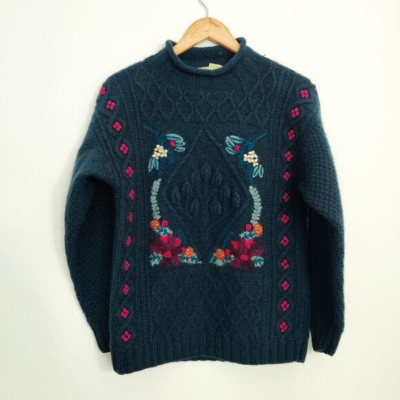 L.L. Bean Vintage Intarsia Floral Embroidered Teal Cable Wool Sweater Medium - Picture 1 of 8